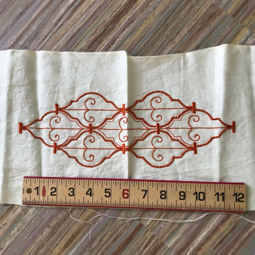 Completed Burnt Orange Scrollwork Hand Embroidered Sampler Fabric 9x54"